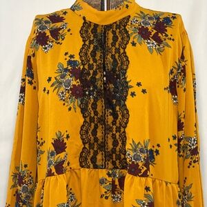 Uncle Frank Mustard/Floral Black Lace Front Cutout Dress